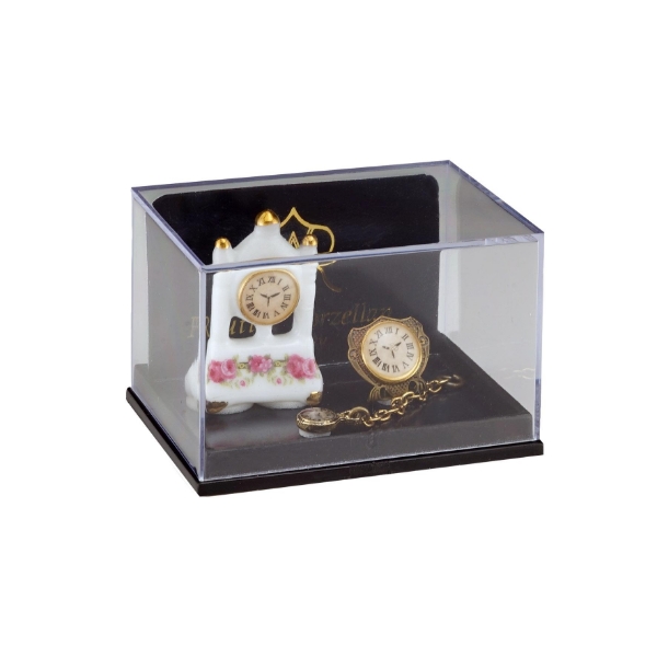 Bild von Uhrentrio - Säulenuhr aus Porzellan mit Goldwecker und Taschenuhr aus Metall